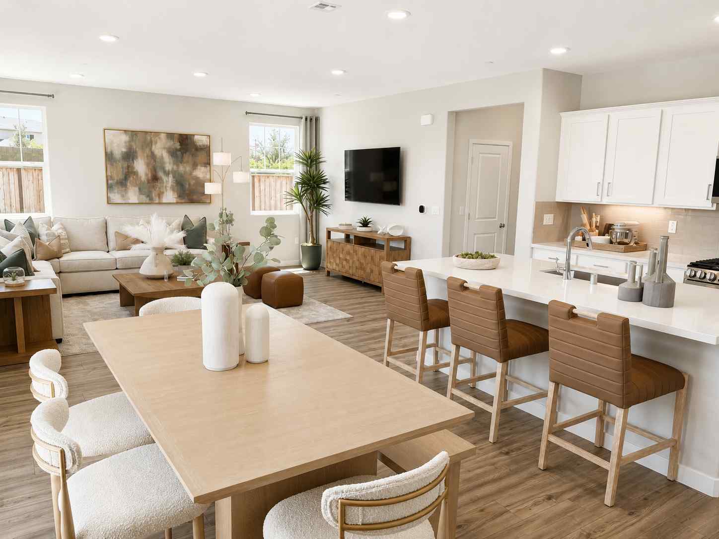 A large kitchen with a dining table.