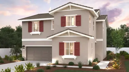 A white house with red shutters.