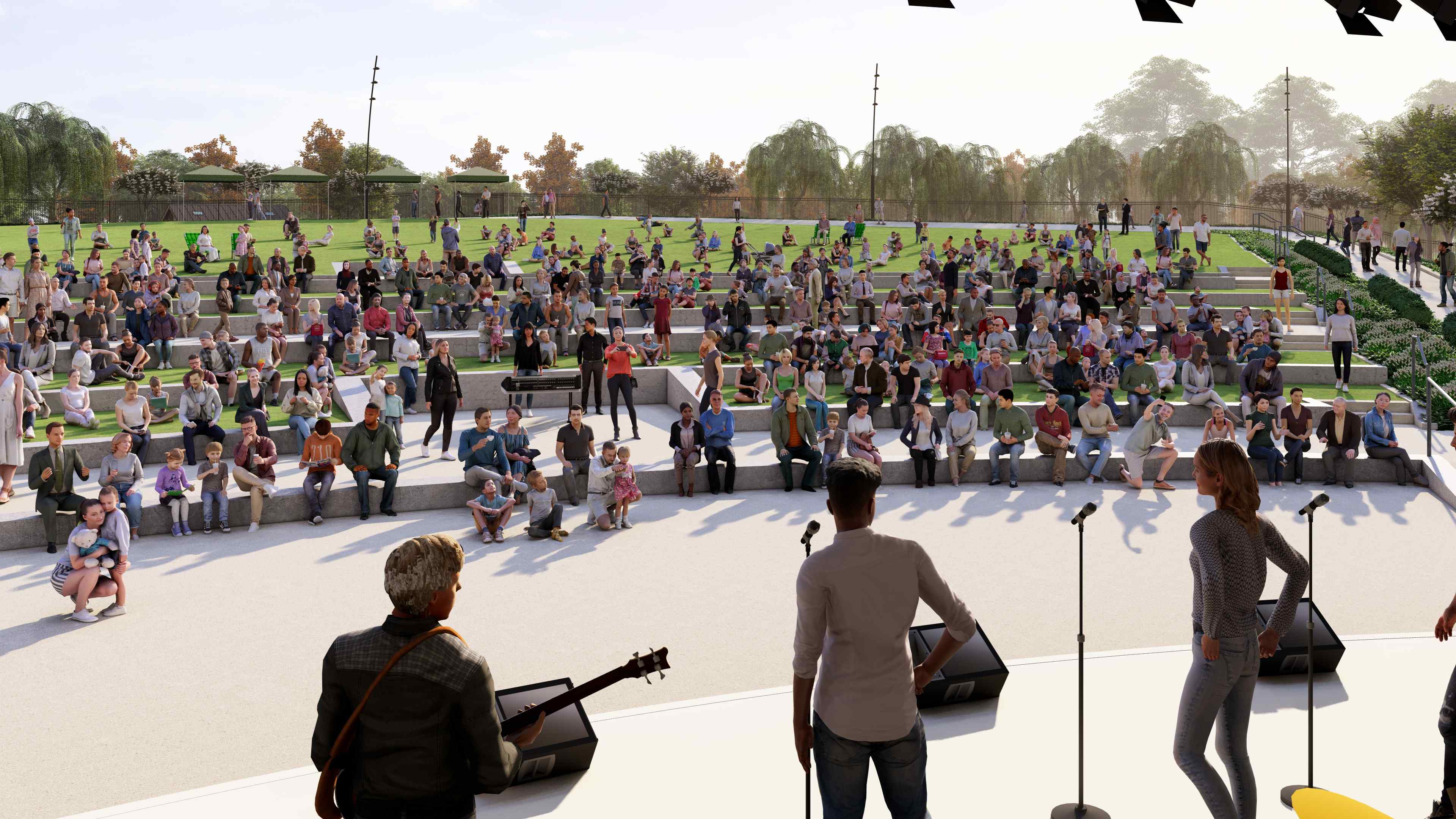 A large crowd of people watching a person play a guitar.