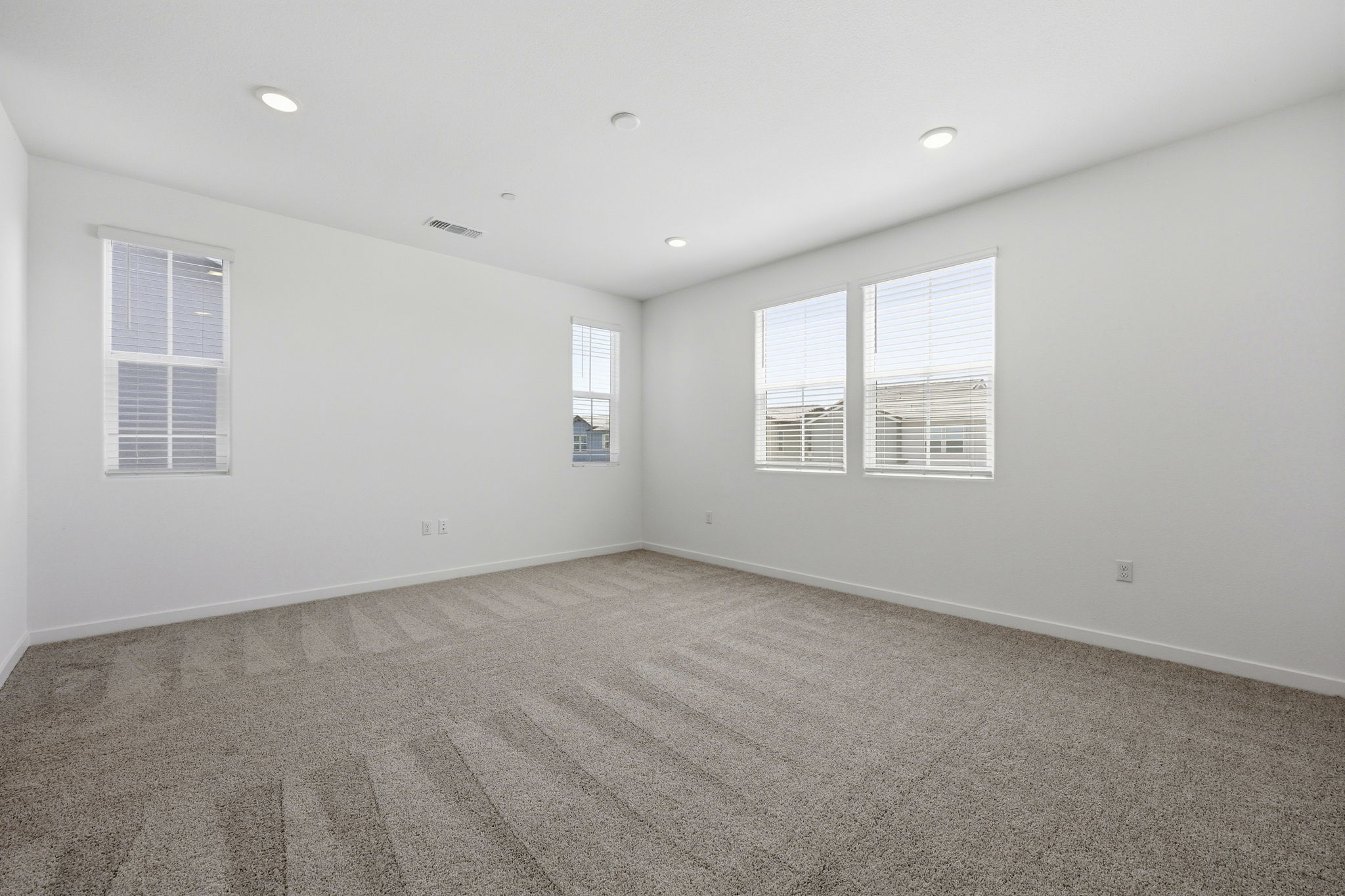 A room with a carpet and windows.