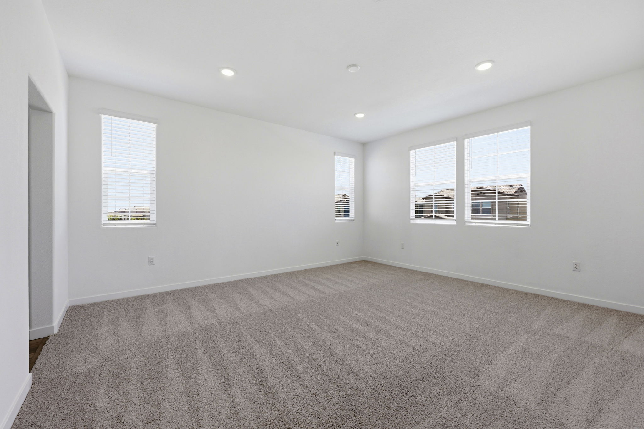 A room with a carpet and windows.