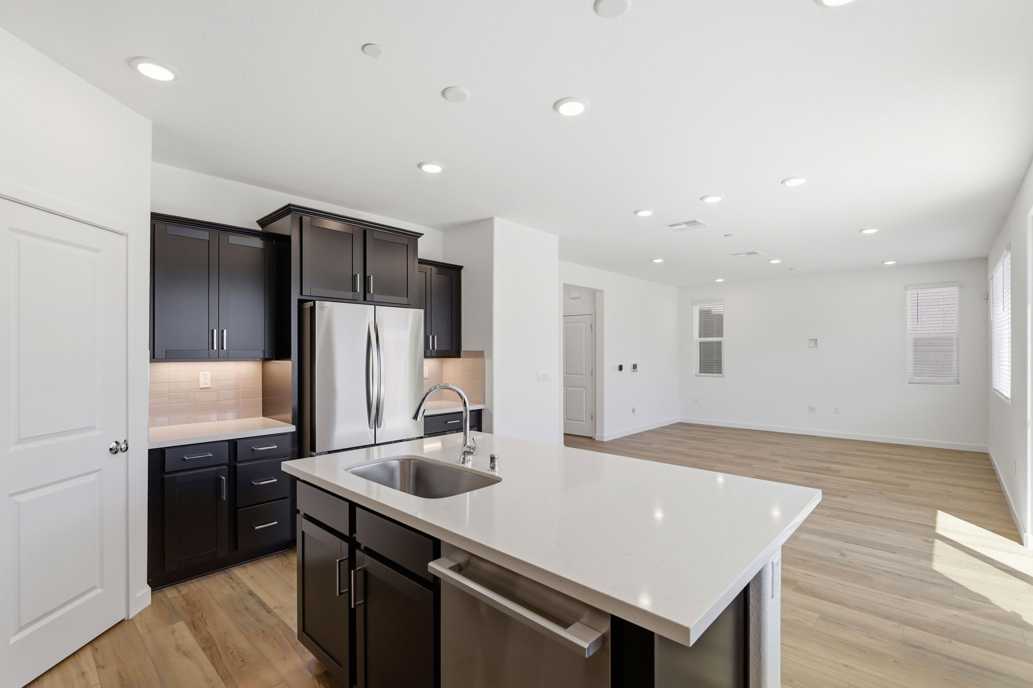A kitchen with a large island.