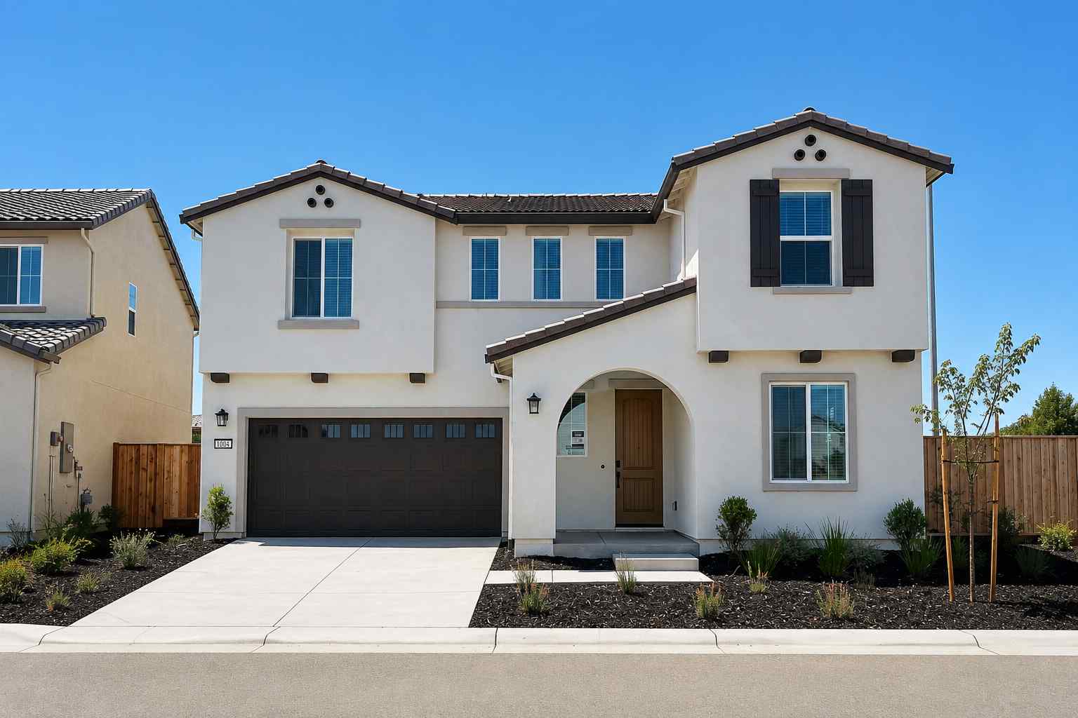 A white house with a garage.