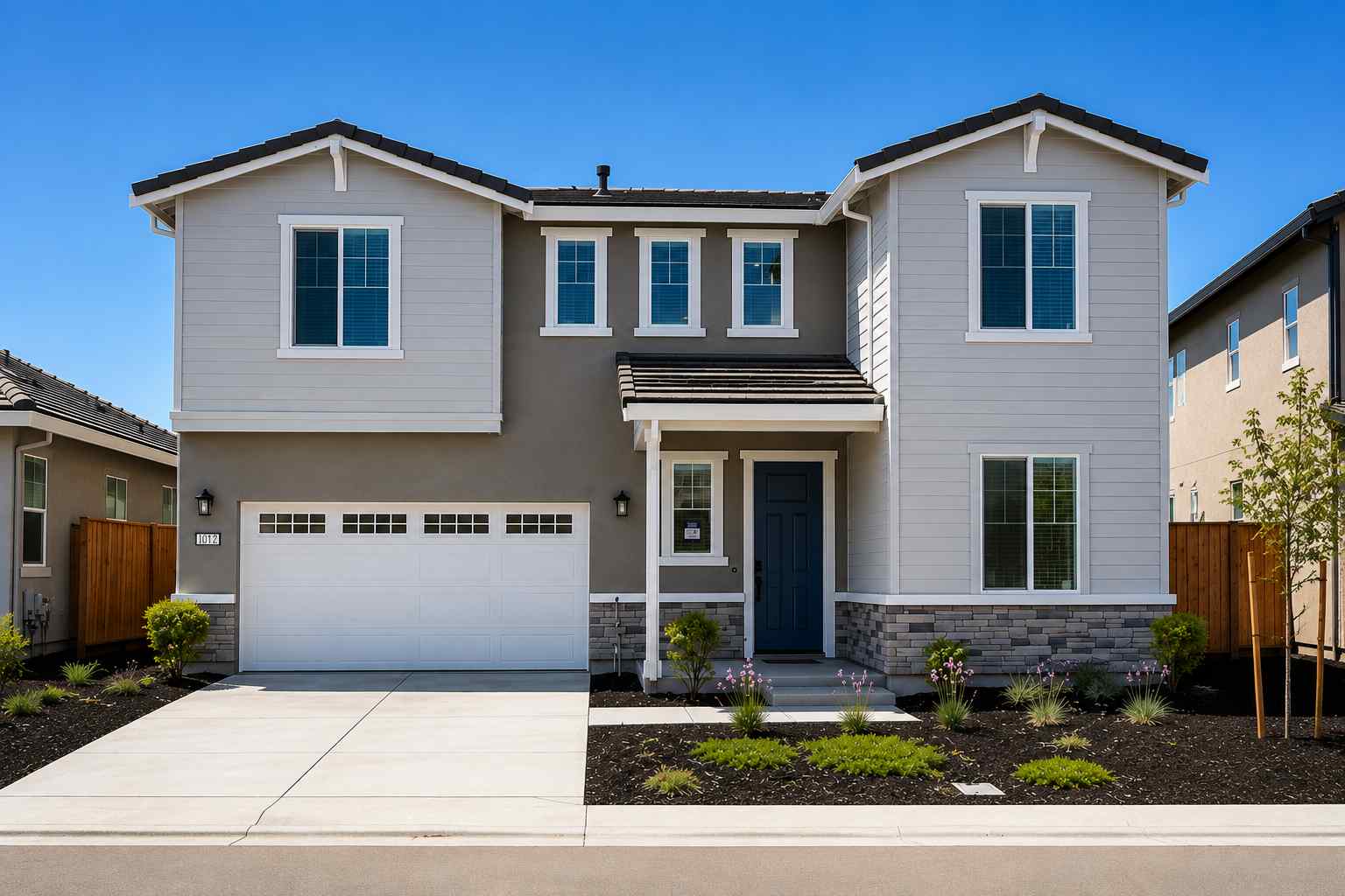 A white house with a garage.