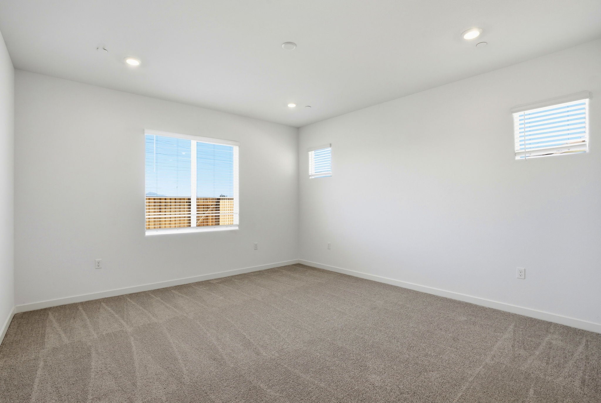 A room with a carpet and windows.