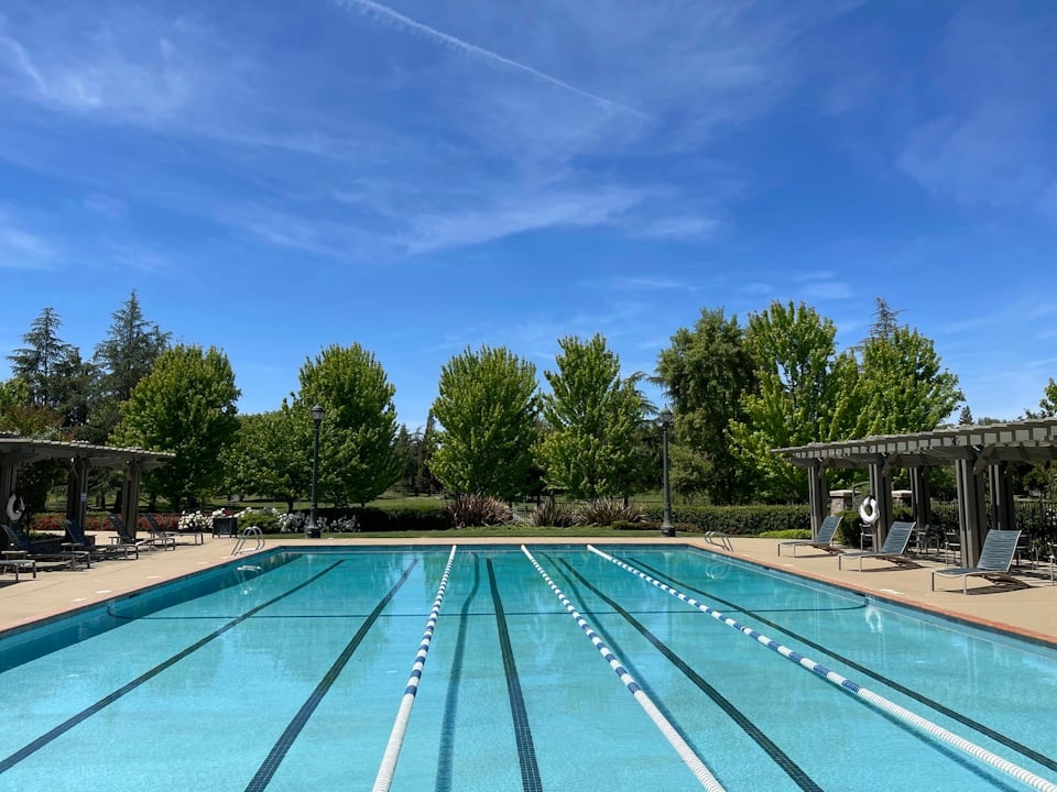A swimming pool with trees in the background.