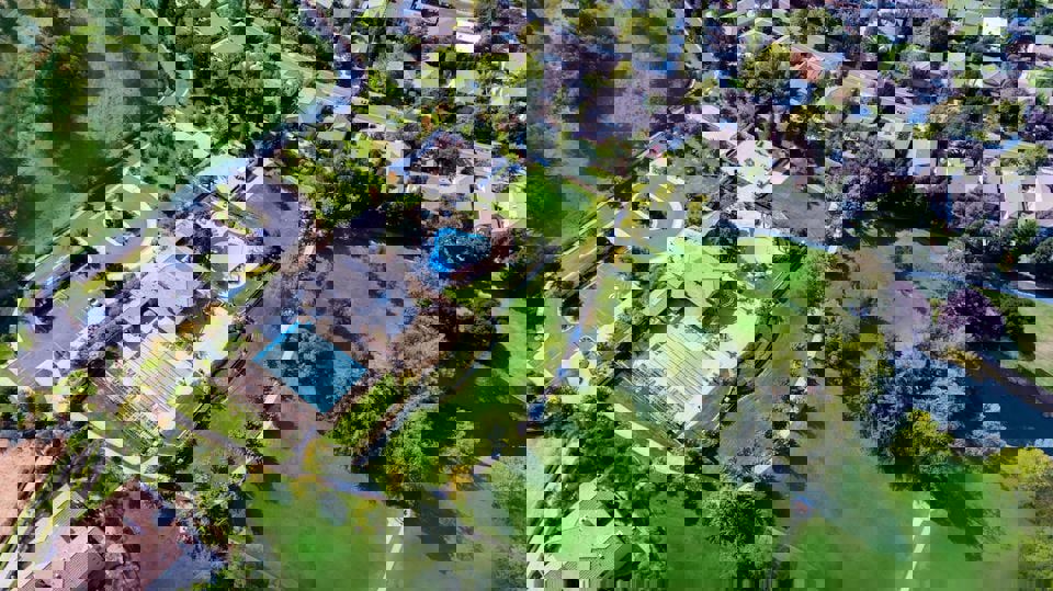 Aerial view of a neighborhood.