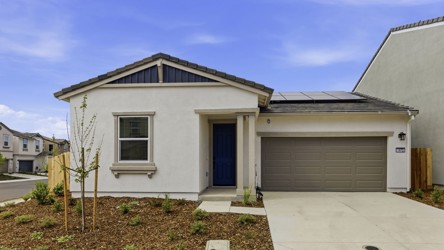 A house with garages and a tree in front of it.
