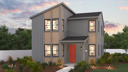 A house with a red door.