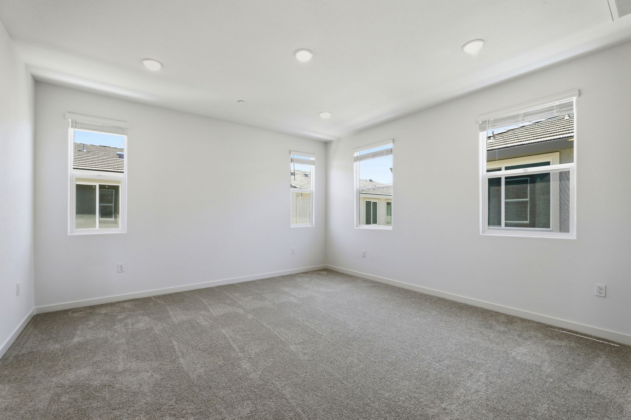 A room with windows and a carpet.