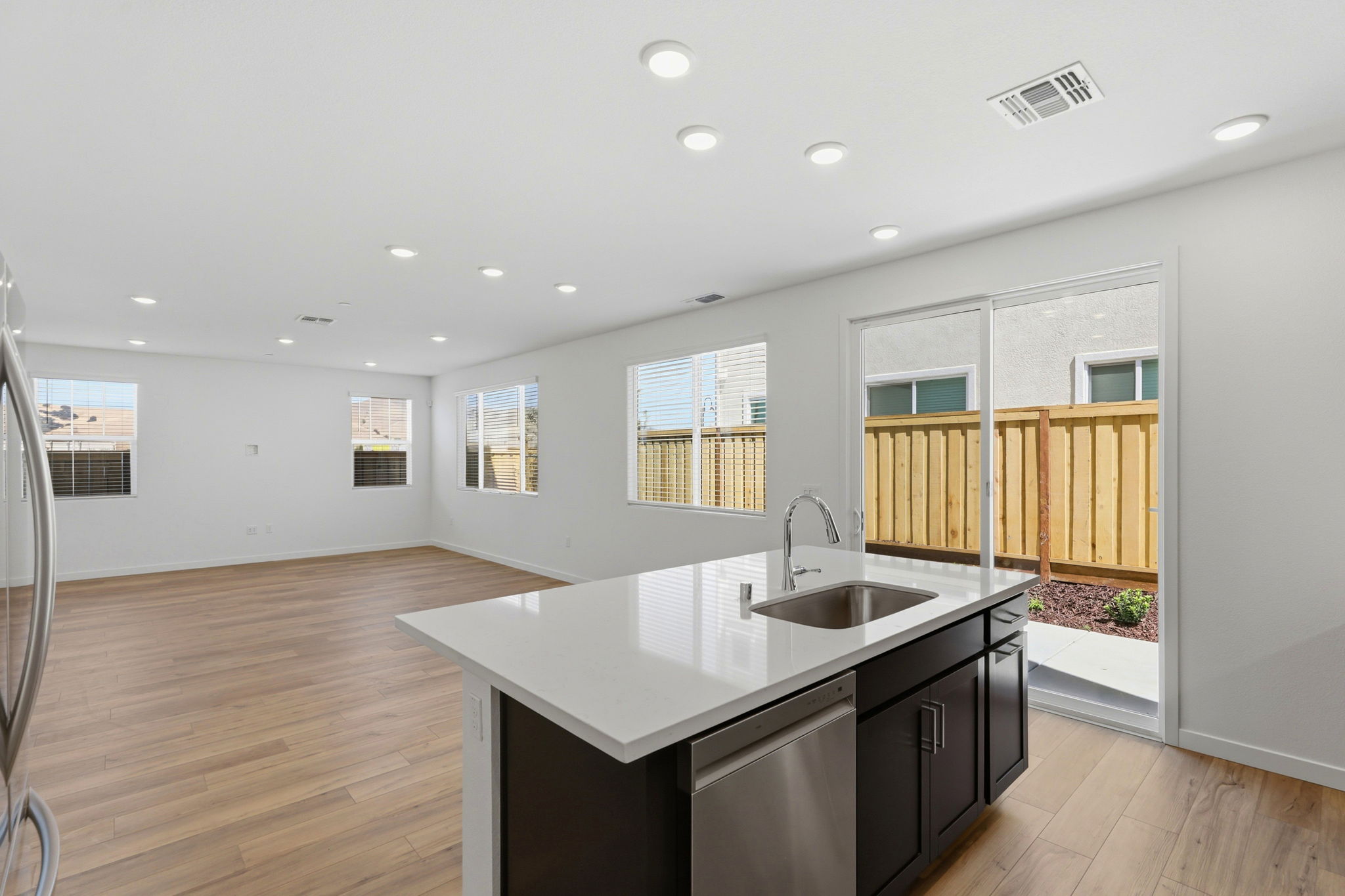 A kitchen with a large island.