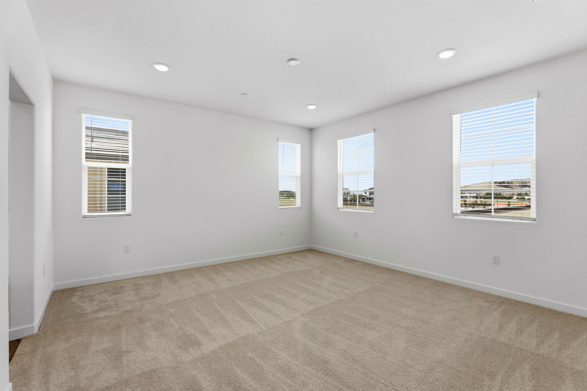 A room with a carpet and windows.