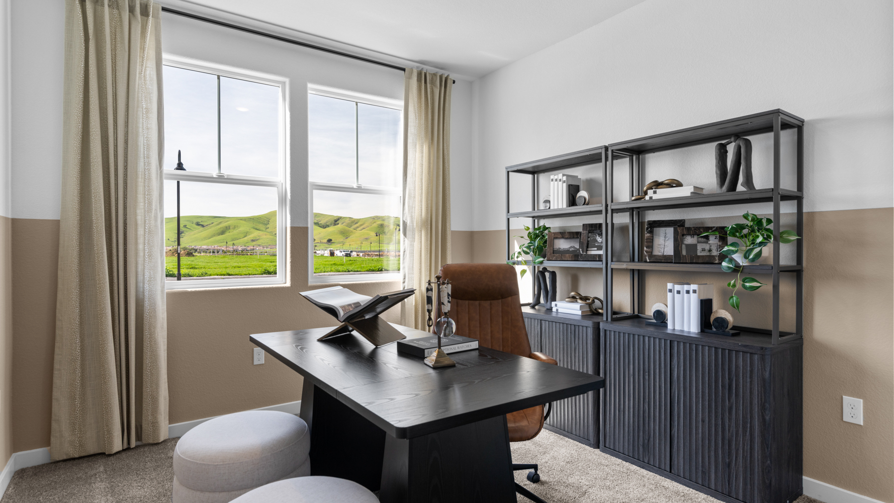 A room with a desk and shelves.