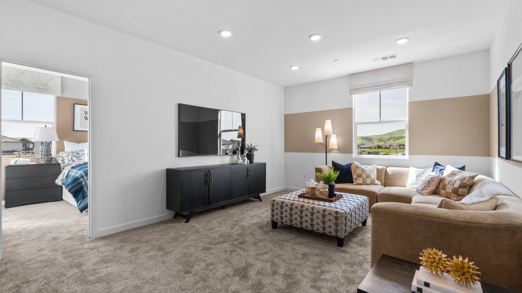 A large living room with a large bed and a tv.