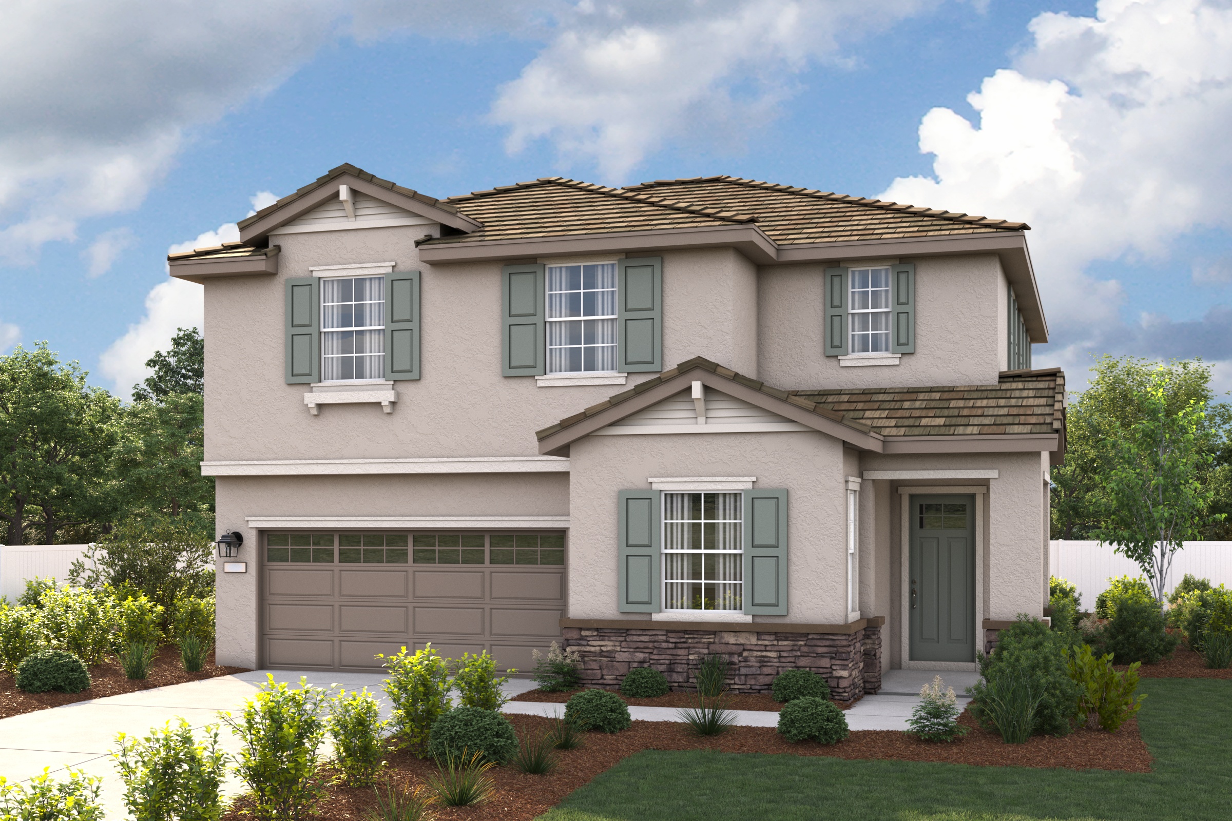 A house with a garage and a lawn in front of it.