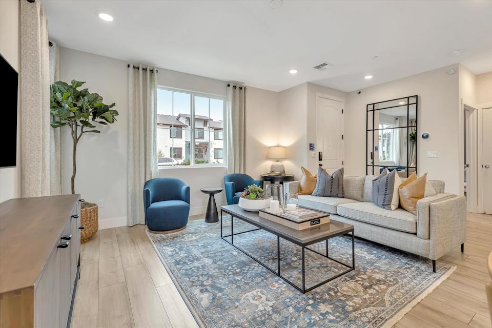 A living room with a large rug.