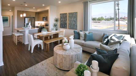 A living room with a large window.