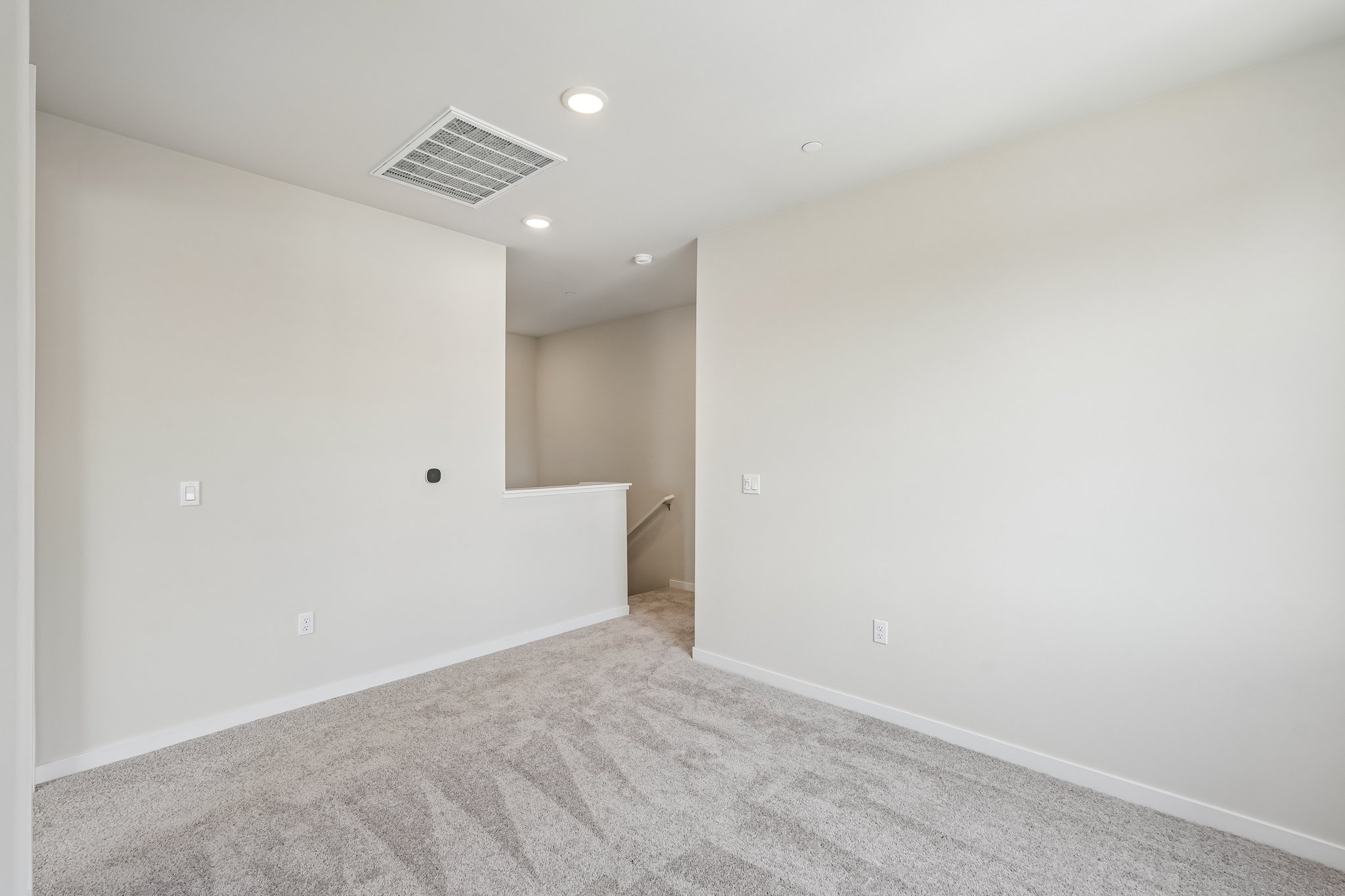 A hallway with a carpet.