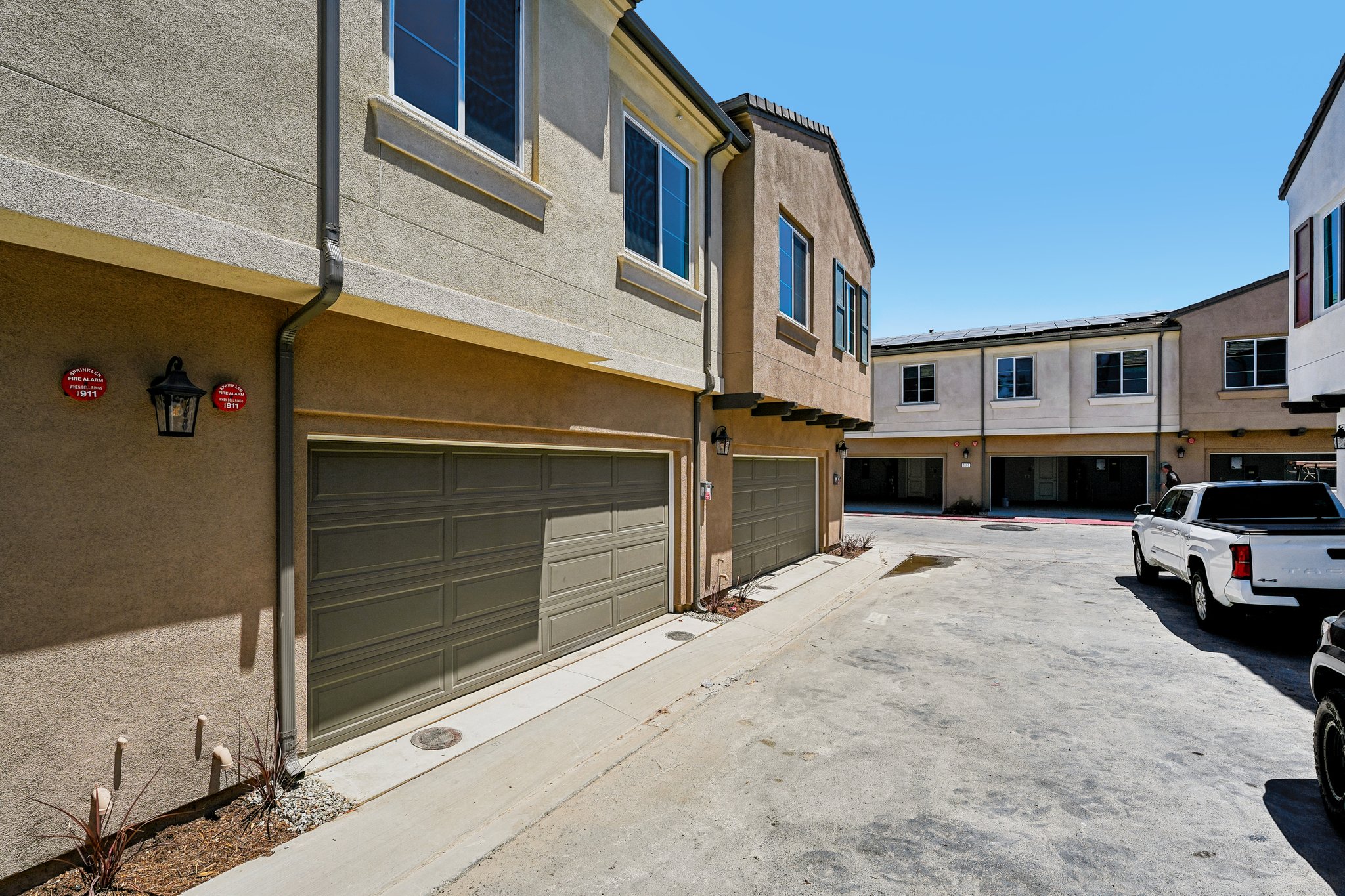 A building with a garage.