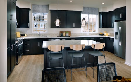 A kitchen with black cabinets.
