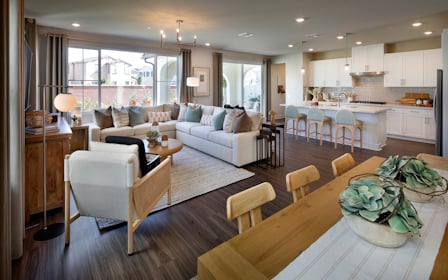 A living room with a large kitchen.
