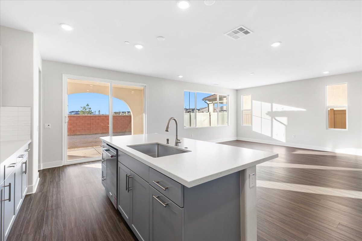 A kitchen with a large island.