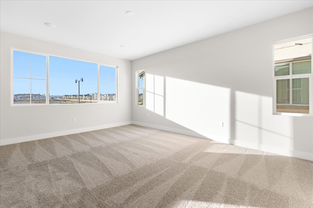 A room with a carpet and windows.