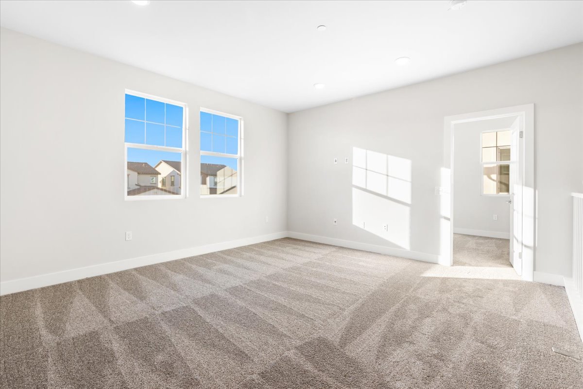 A room with a carpet and windows.
