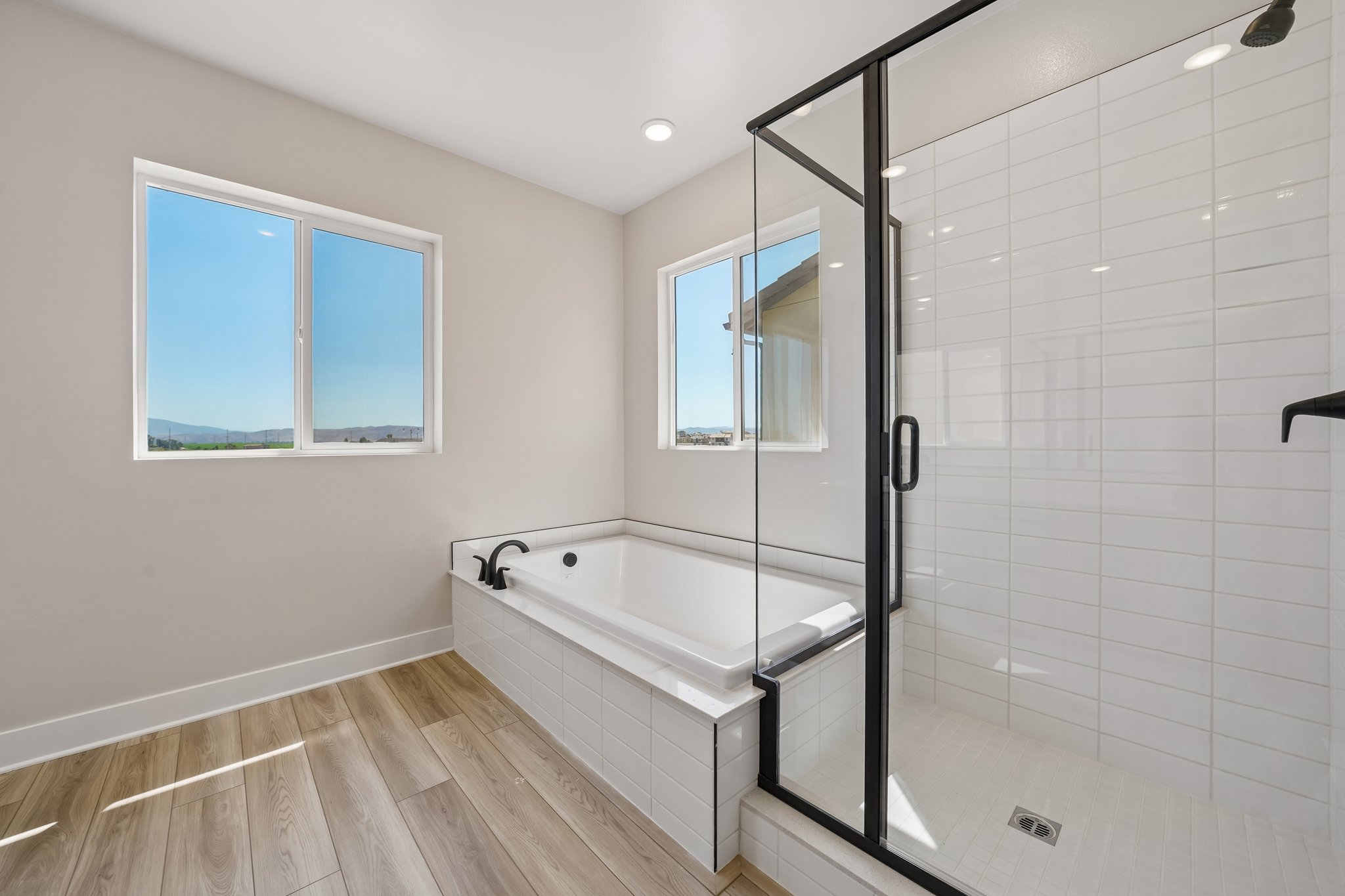 A bathroom with a glass shower.