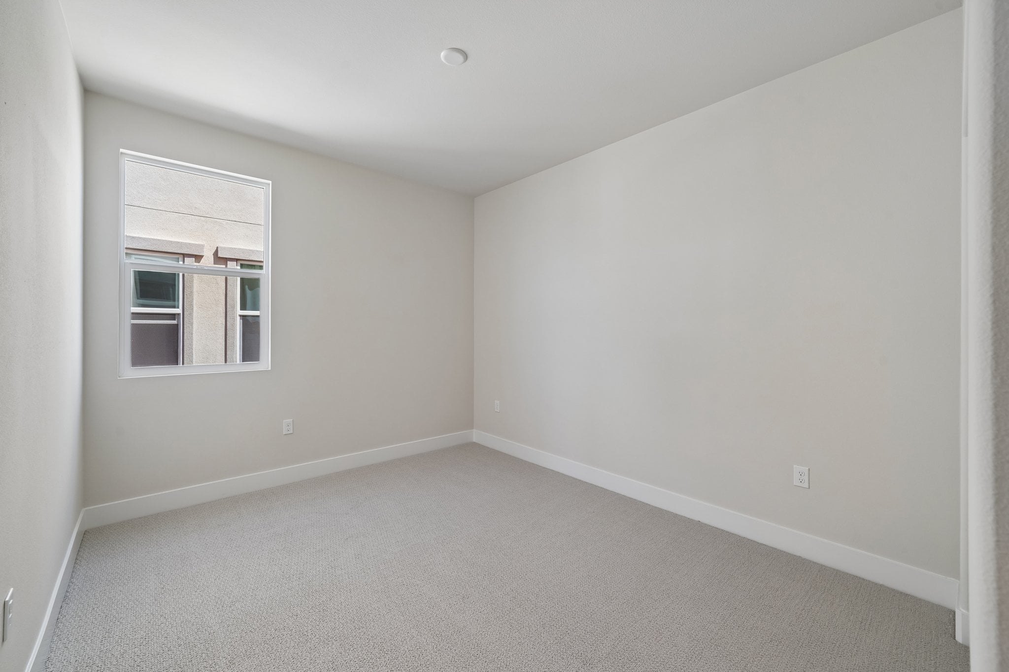 A room with a window and a carpet.