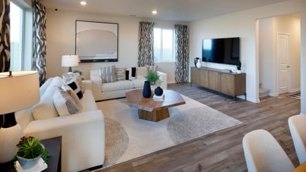 A living room with a large rug.