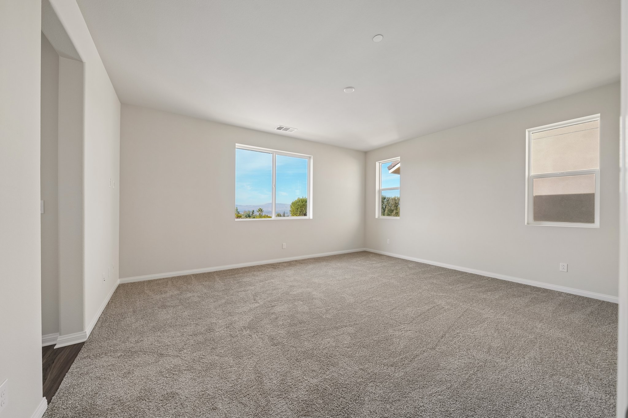 A room with a carpet and windows.