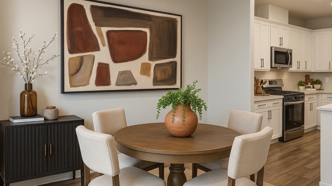 A dining room with a table and chairs.