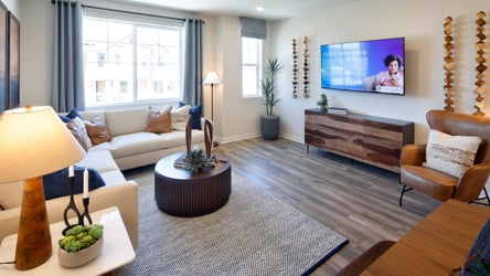 A living room with a rug and a tv.