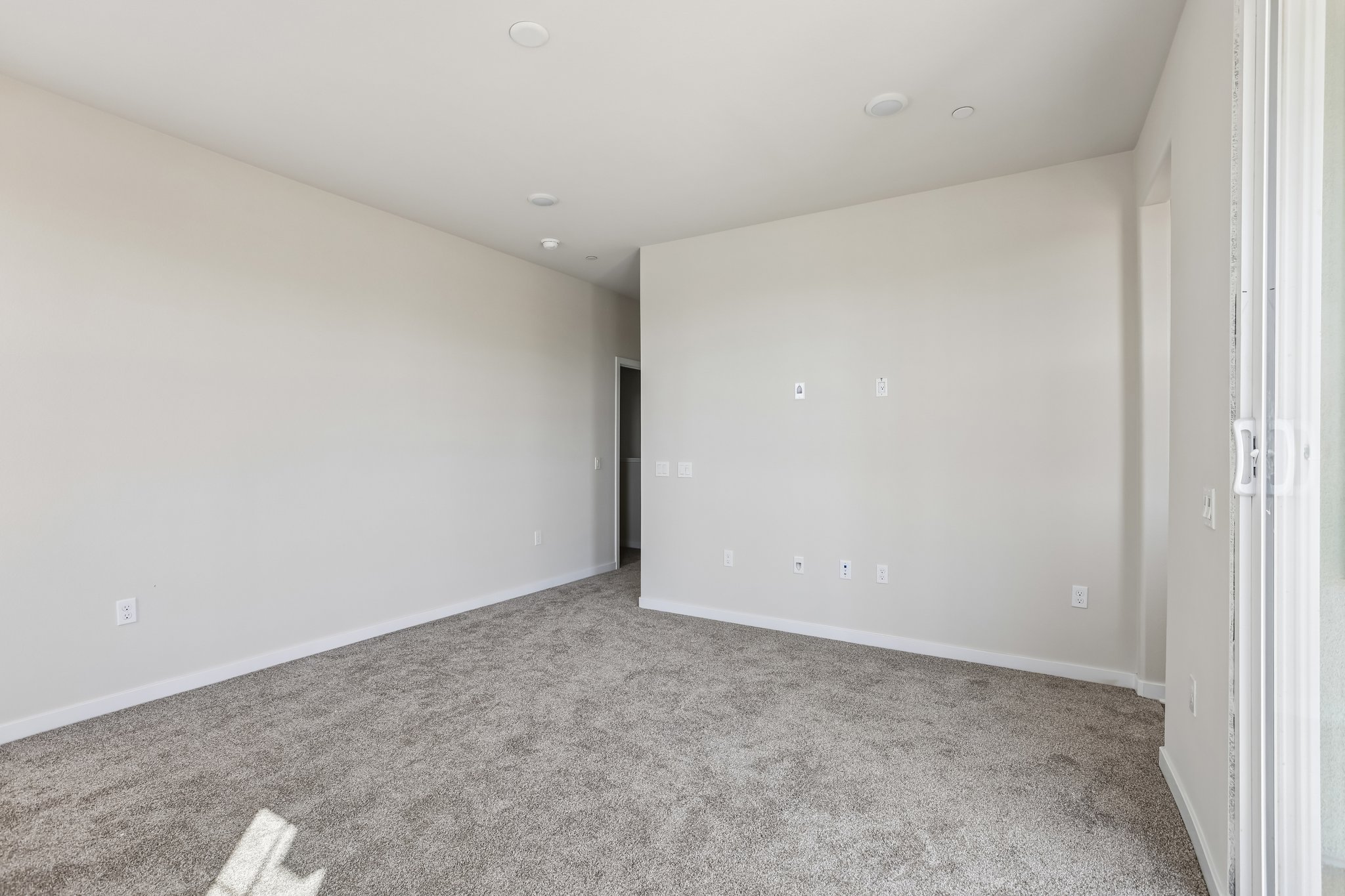 A room with a carpet and a door.
