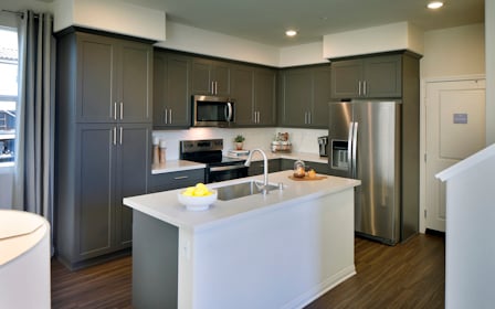 A kitchen with black cabinets.