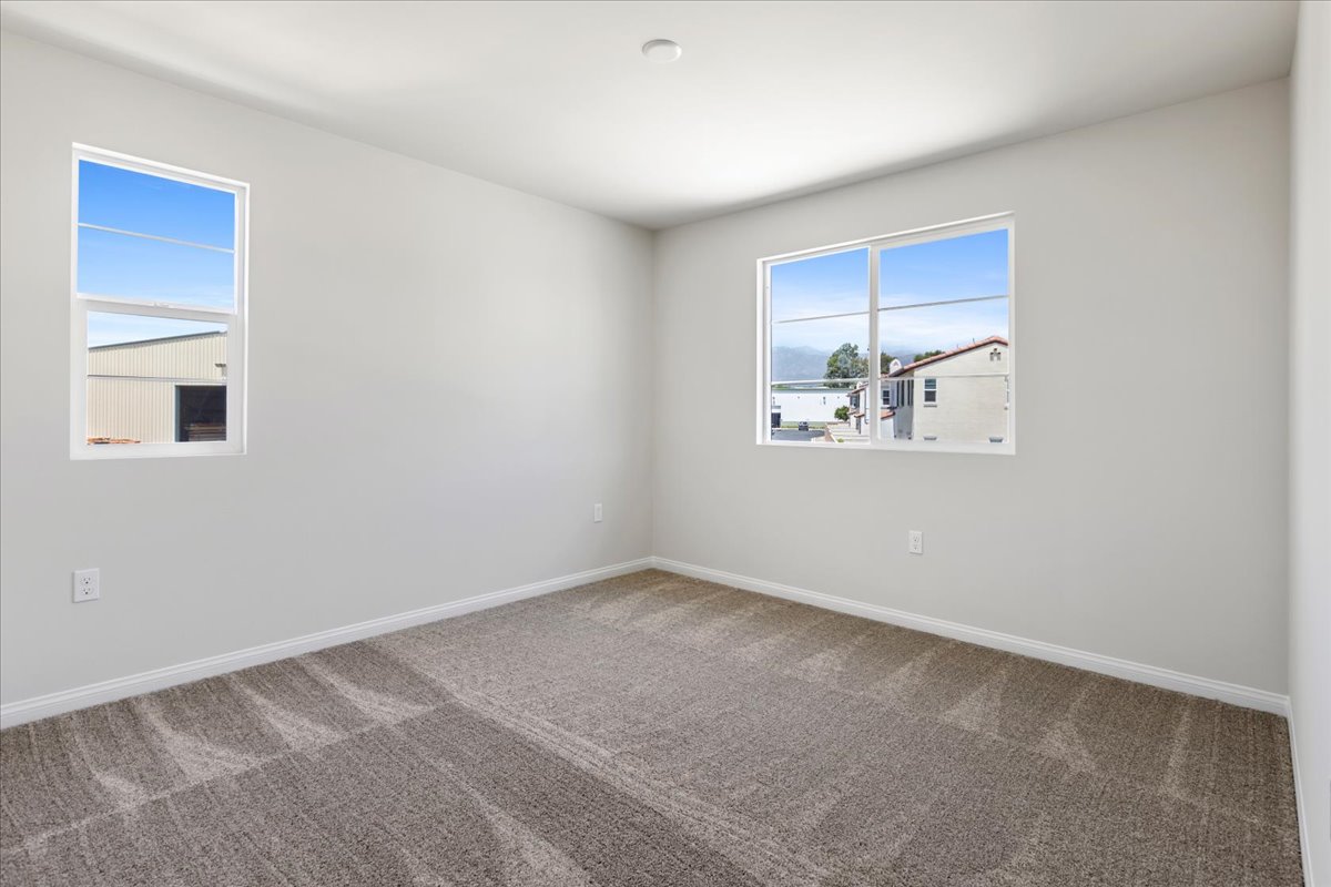 A room with a carpet and windows.