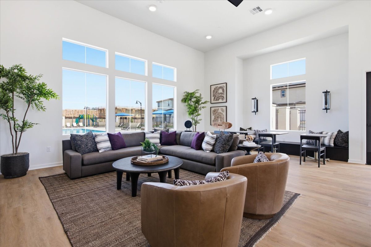 A living room with a large window.