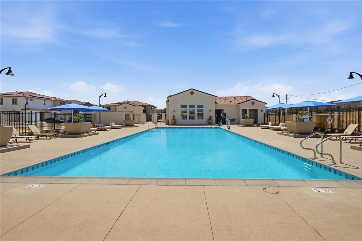 A swimming pool in a backyard.