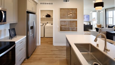 A kitchen with white cabinets.