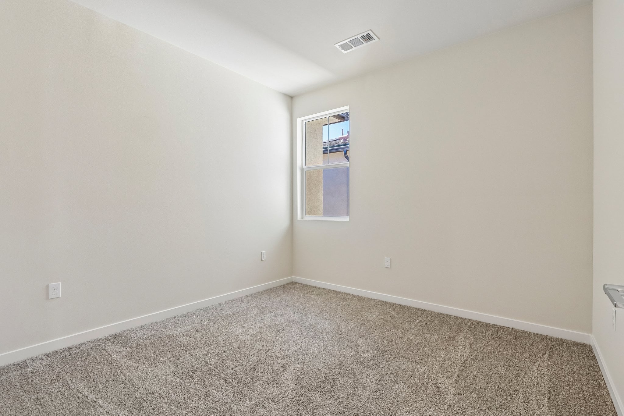 A room with a carpet and a window.