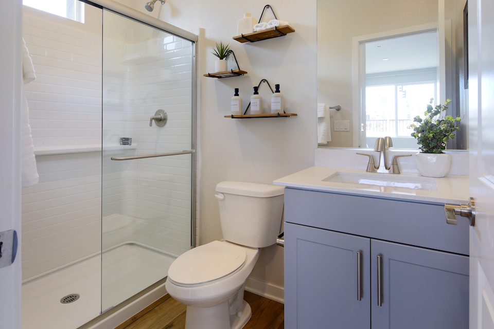 A bathroom with a glass shower.