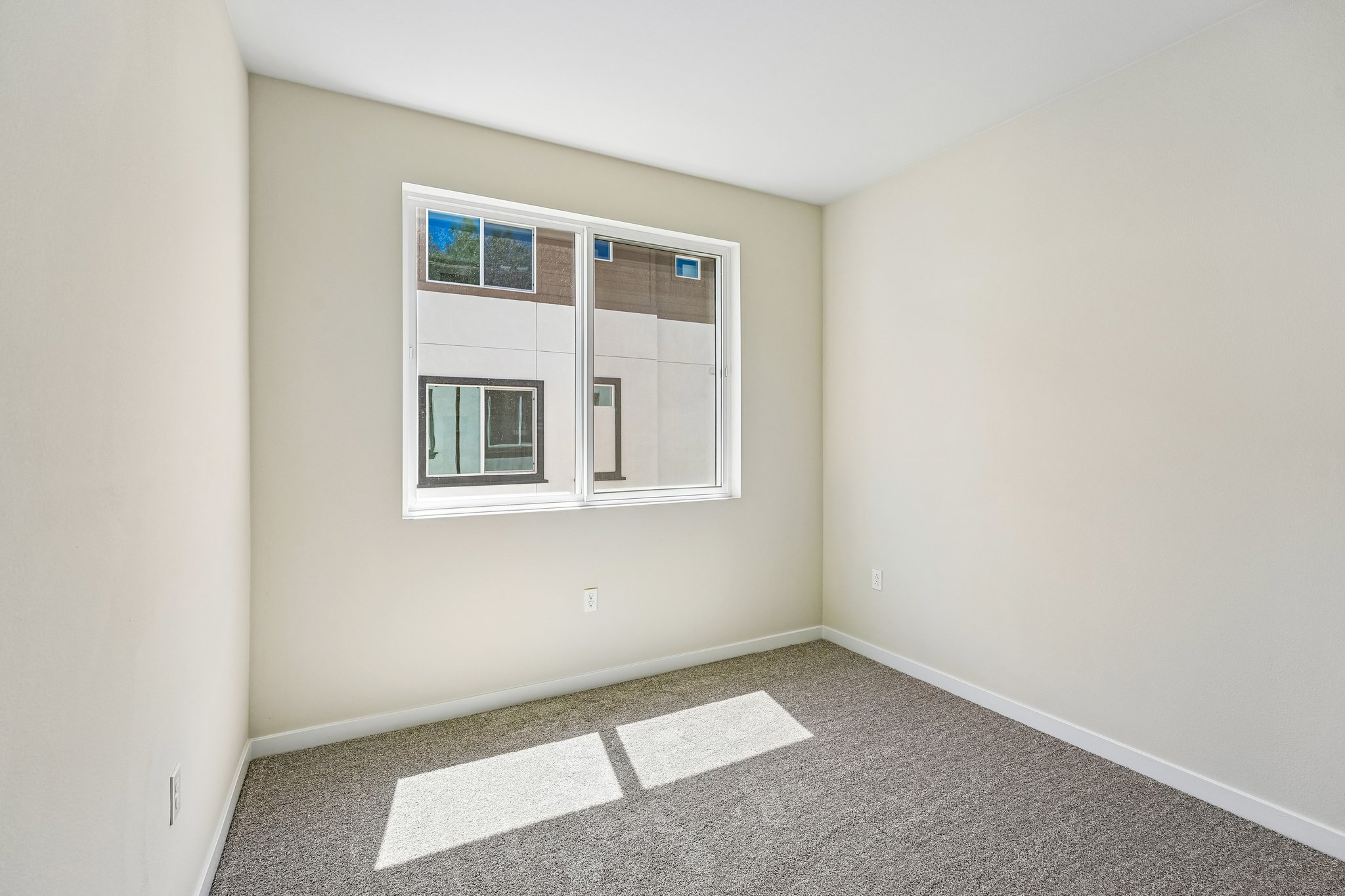 A room with a window and a rug.
