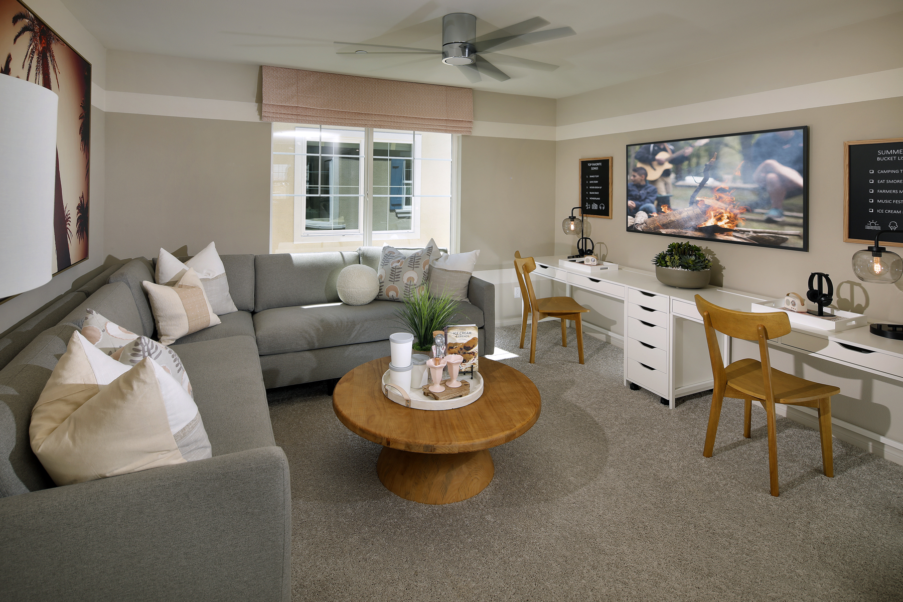 A living room with a couch and coffee table.