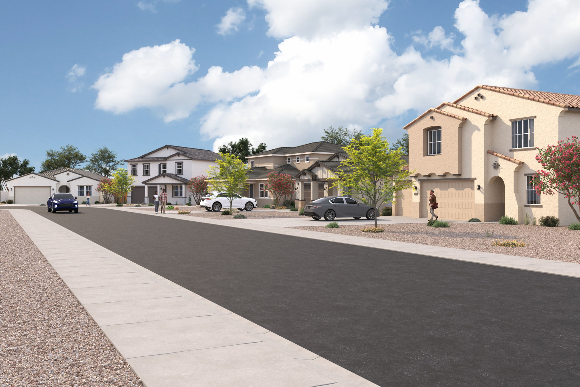 A street with cars and houses.