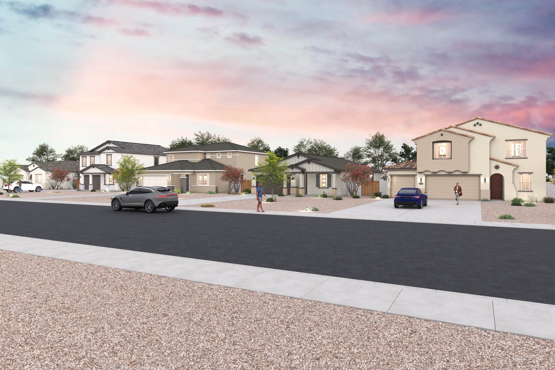 A street with houses and cars.
