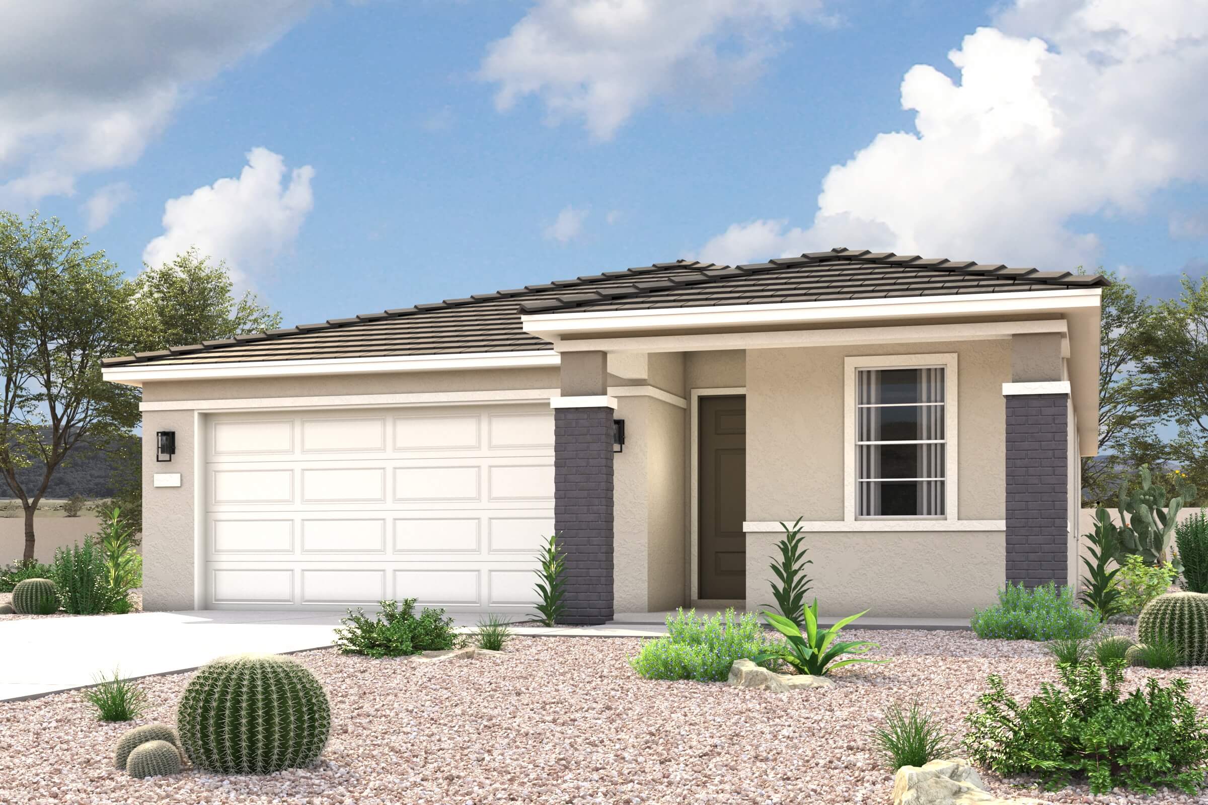 A house with a garage and bushes.