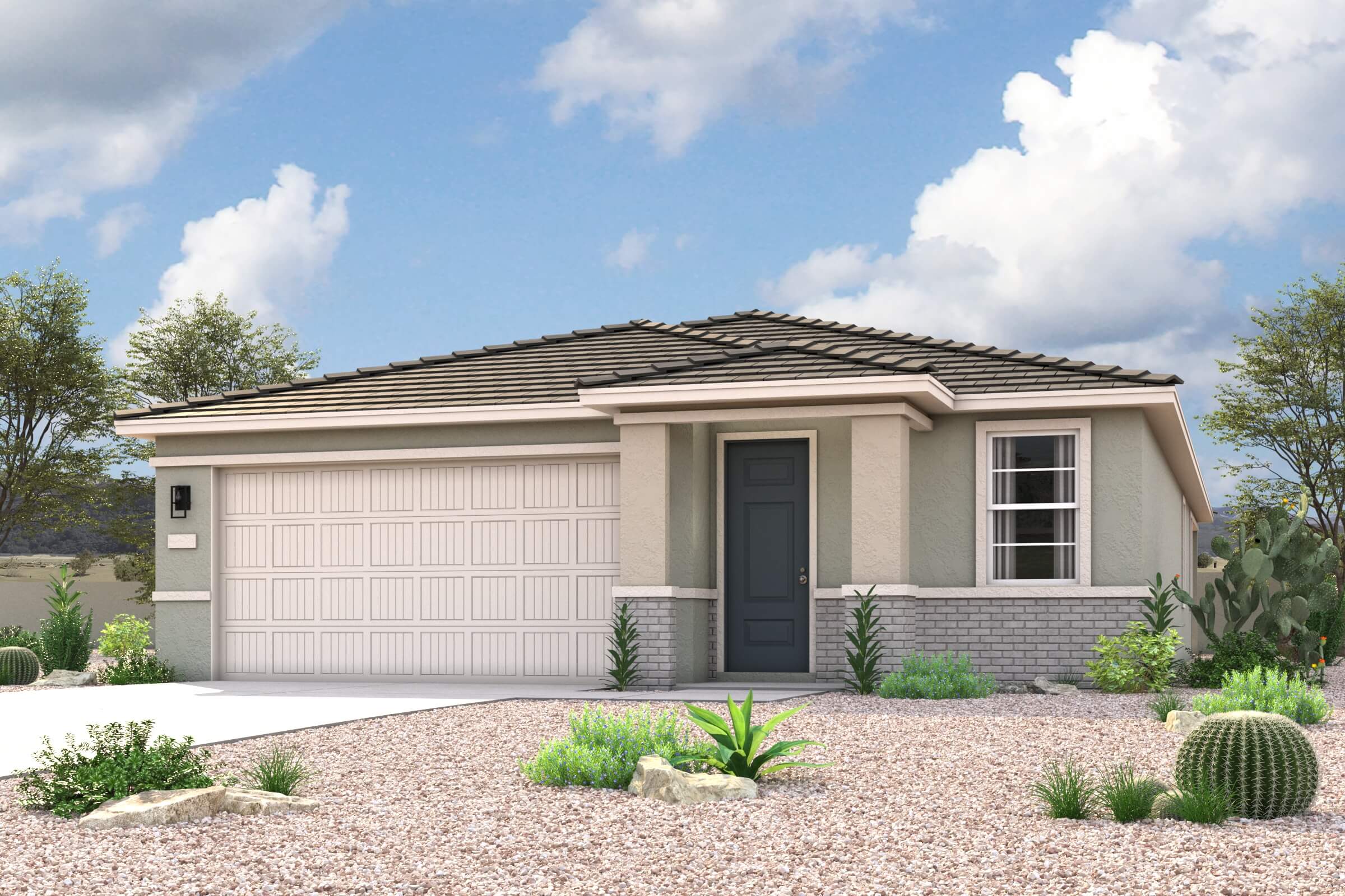A house with a garage and bushes.