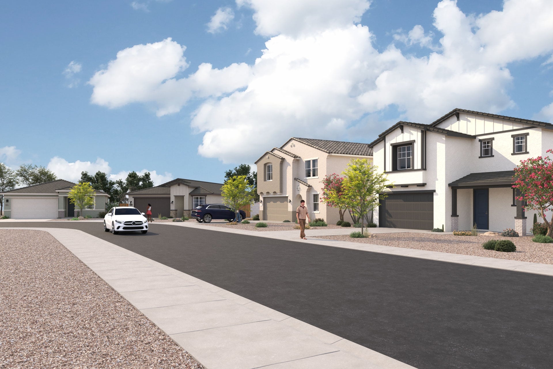 A street with houses and trees.