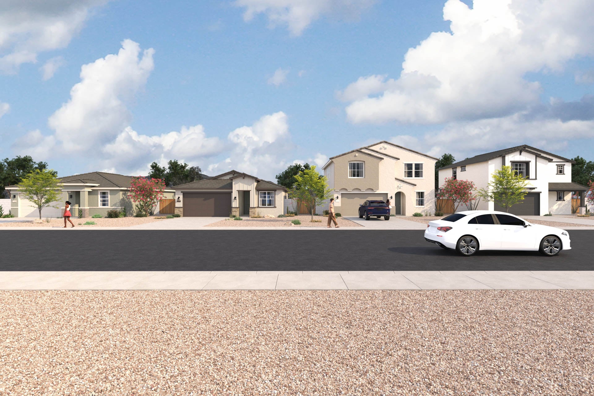 A street with cars and houses.